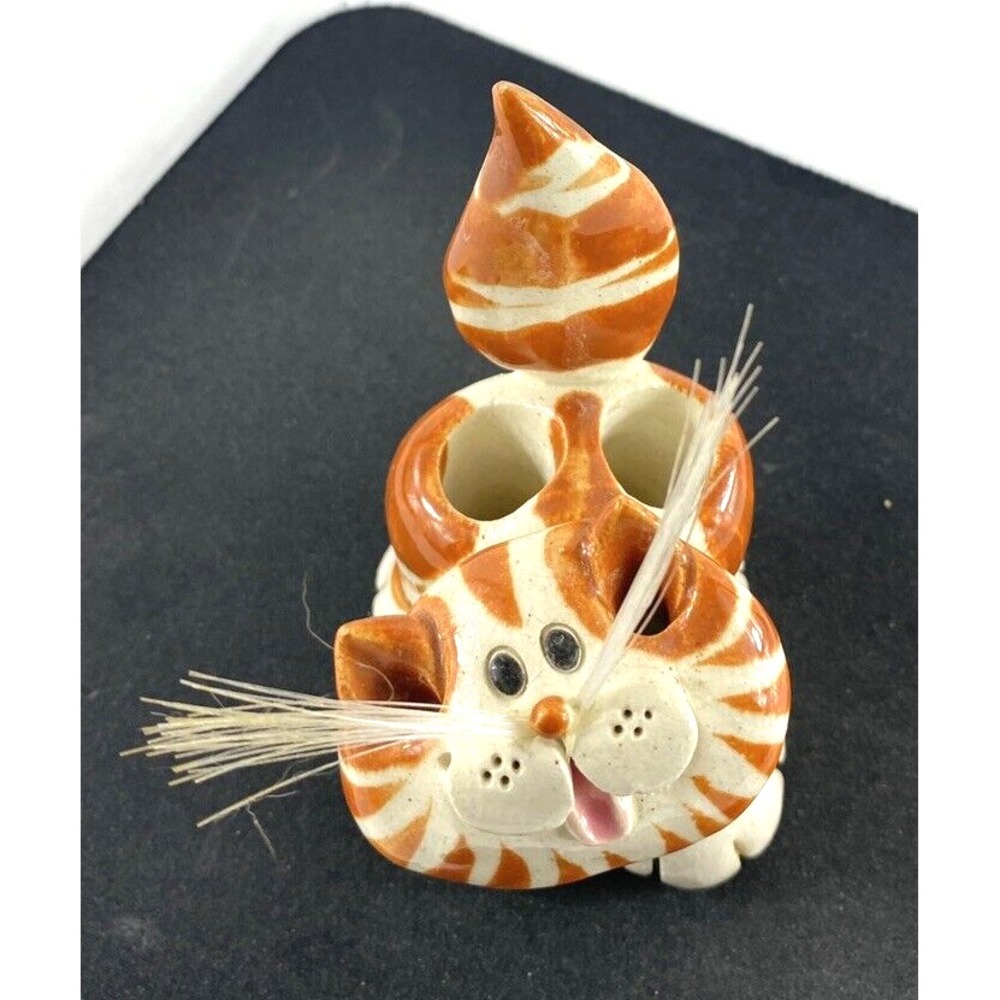 Vtg Striped Cat Pencil Holder Ceramic Handmade Gift Signed Anatomically Correct